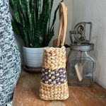 Vintage Woven Straw Tote Structured Boxy Market Bag Leather Handles Tan Photo 3