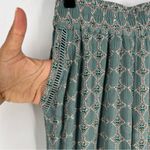 Anthropologie Muted Teal Geometric Patterned Crinkle Rayon Wide Leg Pull On Pant Photo 2