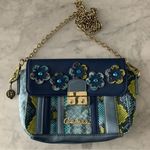 Carlos Falchi Crossbody Purse Flower Embellished Snakeskin Pattern Chain Strap Blue Photo 0