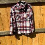 Long sleeve lightweight flannel plaid‎ shirt sz medium red vintage button woman Photo 2