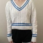 Olivaceous white and blue v neck knit sweater Photo 2