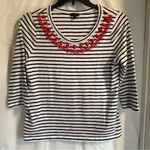 Talbots Striped Black and White Top with Red Beaded Neckline Sz Large Nautical Photo 0