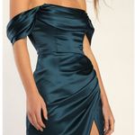 Lulus  NWT Stunning Arrival Dark Teal Satin Off-the-Shoulder Maxi Dress Medium Photo 3
