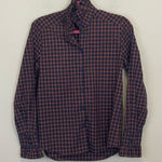 Tuckernuck  APOF Navy Plaid Ruffle High Neck Button Down Shirt‎ Size XS Photo 0