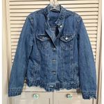 Blassport Med Wash Denim Jacket Size Small Pockets Button Up Collar Ruffle Blue Photo 0