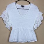 1. State  Women's Smocked Ruffle Lace Sleeve White V-Neck Peplum Blouse Photo 0