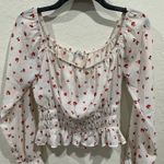 White Cherry Print long Sleeve Ruched Crop Top Photo 1