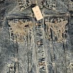Paint the Town Large Rhinestone Jewel Fringe Acid Washed Denim Jacket Blue Photo 4