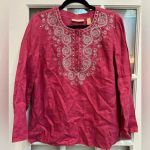 Kate Hill  Pink Fuchsia Sequin Linen V-Neck Embroidered Blouse Size  Large Petite Photo 0