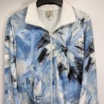 Jess & Jane Wind Poems Blue Floral Rhinestone Zipper Knit Jacket Size Medium White Photo 1
