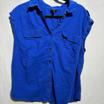 INC Royal Blue Linen Blend Button Up Top Womens 2X Blouse Flap Pockets Business‎ Photo 0