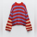ZARA  Chunky Knit Crew Neck Oversized Striped‎ Sweater Balloon Sleeves Size Small Photo 5