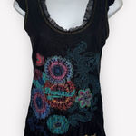 Desigual Sleeveless Black Lace Dragon & Floral Print Gold Stitched Top EUC M Photo 0