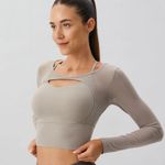 BERLOOK Khaki Cut Out Long Sleeve Light Support Top ONLY 75 Silver Photo 1