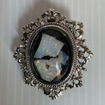 Vintage Baroque Opal Style Glass Brooch Pendant Gold Ornate Frame Pin Victorian Silver Photo 3