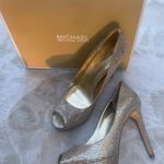 Michael Kors Gold Glitter Milan Platform Peep-Toe Pumps - Size 8. Photo 0