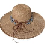 Nicole Marciano 100% Straw Tan Sun Hat with Blue Pom Poms & Tie Photo 0
