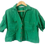 ZARA  Green Linen Cropped Button-Down Short Sleeve Shirt Size Large Photo 0