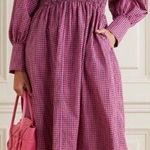 Ganni $400  Shirred Gingham Seersucker V-Neck Midi Dress Pink/Black Sz 36 / US 10 Photo 0