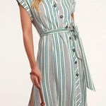 Lulus  Back to Classics Green and White Striped Midi Shirt Dress Linen‎ Blend S Photo 0