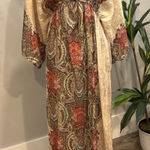 ZARA BASIC Paisley Print Maxi Dress Long Sleeve V Neck Boho Beach Vacation Small Tan Photo 0