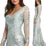 Mac Duggal 67539 Sea Mist Embellished Illusion V Neck Long Sleeve Gown 14 $698 Photo 1