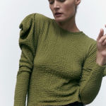 ZARA NWT  Green Textured puff sleeve  Long Sleeve Top Photo 0