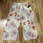 Rachel Roy  Womens 100% Linen Floral Wide Leg Pull On Cropped Pants Sz L Pockets Photo 0