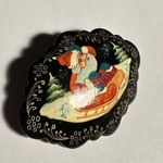 Vintage Hand Painted Wood Santa Sledding In Sled Christmas Holiday Brooch Pin Black Photo 1