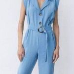 ZARA Sleeveless Belted Blue Jumpsuit Overalls Button Up Front Size S Photo 1