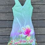 RARE Vintage Y2K Just in Time Green w/ Pink Floral Mini Dress w/ Mesh Overlay Size L Photo 7