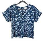 MELLODAY  Blue White Floral Cuffed Short Sleeve Relaxed Fit Cottage Core Blouse S Photo 0