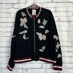 Elevenses  Embroidered Bomber Jacket Women’s L Black Floral Satin Zip Up Boho Photo 5