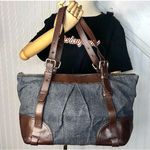 Burberry BLUE LABEL Denim Top Zip Shoulder Bag w/ Adj Brown Leather Straps RARE Photo 12