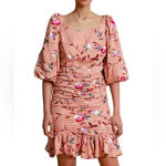 ByTimo Ruched Floral Embroidered Jacquard Dress Balloon Sleeves Coral Size XS Pink Photo 5