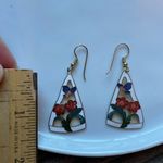 Vintage Floral Triangle Enamel Cloisonne Drop Earrings White Photo 2