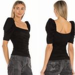 frame denim FRAME Betty Knitted Black Noir Square Neck Ruched Puff Sleeve Top Size L Photo 9