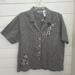 Erika  Women's XL Black Gingham Check Button-Up‎ Top Floral Embroidery NWT Photo 0