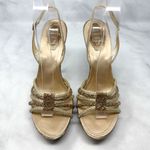 Rene Caovilla Silk Rhinestone Embellished Strappy Slingback Platform Sandal Heel Tan Size 9 Photo 3