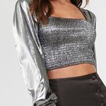 Peach Puff Long Sleeve Metallic Crop Top Photo 0