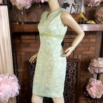 Carmen Marc Valvo GREEN & AQUA BROCADE BEADED SHEATH DRESS (M) Photo 4