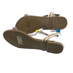 Nature Breeze  Womens Sandals Pom Pom T Strap Faux Leather White Brown 8 Photo 3