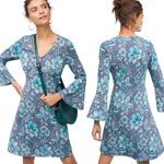 Maeve  Florence Floral Print Swing Mini Dress Bell Sleeve Blue Womens Medium Photo 1