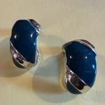 Vintage Blue and Silver Enamel Hoop Stripe Clip Earrings Photo 0
