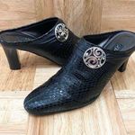 Brighton “Ravish” Napa Snake Embossed Leather Black Mules Heels Size 6.5 Photo 0
