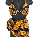 Venus VTG 90s Bikini Swimsuit 4 Pc Set Tops + Bottom + Sarong Blue Yellow Floral Photo 0