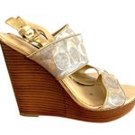 Coach  Jezebel Metallic Logo Wood Heel Open Toe Buckle Wedge in Gold Silver 8.5 Photo 1