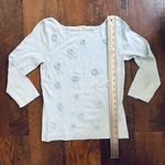 Max Studio  powder blue, crochet flower appliqué, beaded sweater, size S Photo 3
