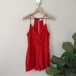 Lovers + Friends Lace Spaghetti Strap Romper V-Neck Floral Open Back Button Red Photo 1
