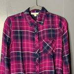 BeachLunchLounge Beach Lunch Lounge Pink Plaid Button Up Long Sleeve Blouse Photo 3